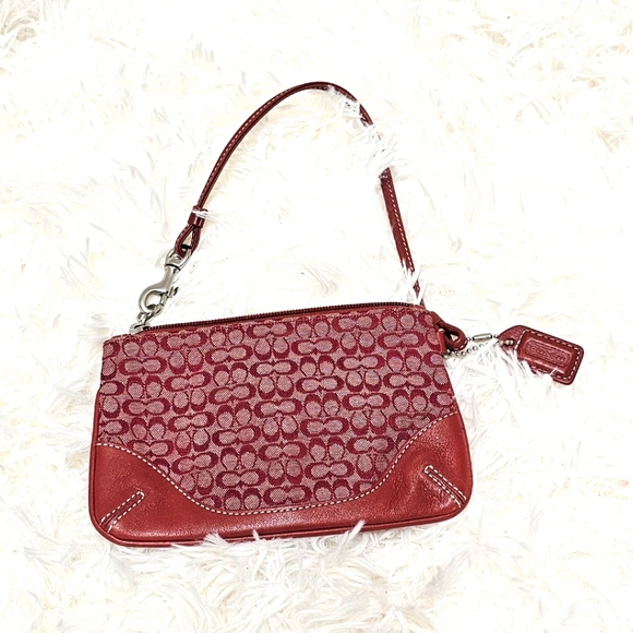 Coach Bags Red Signature Logo Leather & Canvas Wristlet Coin Purse - Picture 7 of 8